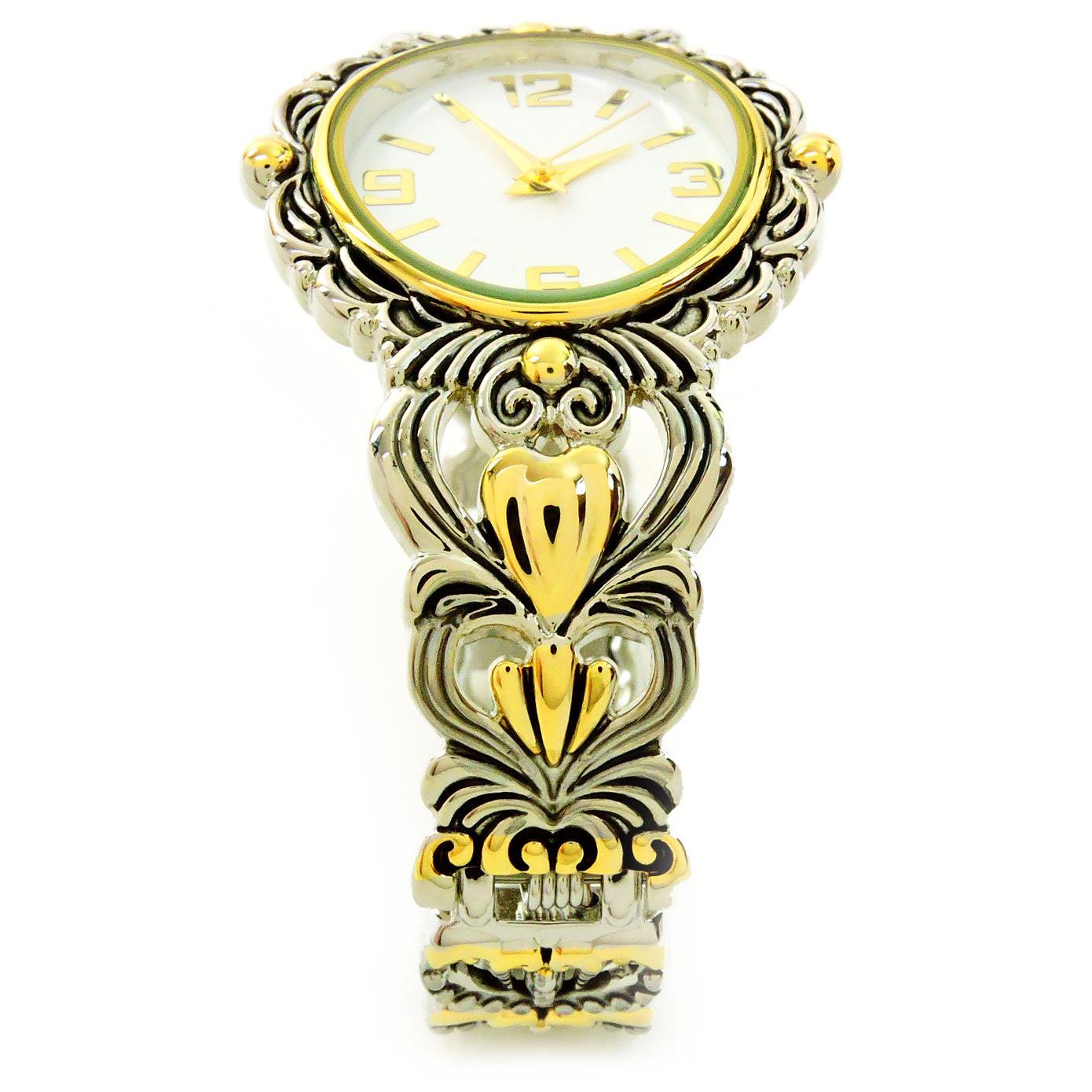 2Tone Metal Decorated Large Oval Face Women's Bangle Cuff Watch