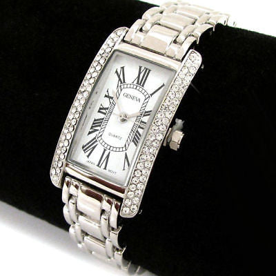 Silver Bracelet Geneva Crystal Bezel Women's Jewelry Watch