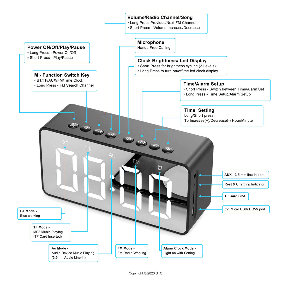 Alarm Clock, Radio,  Bluetooth Wireless Speaker, Portable - Nightstand Large Display Clock