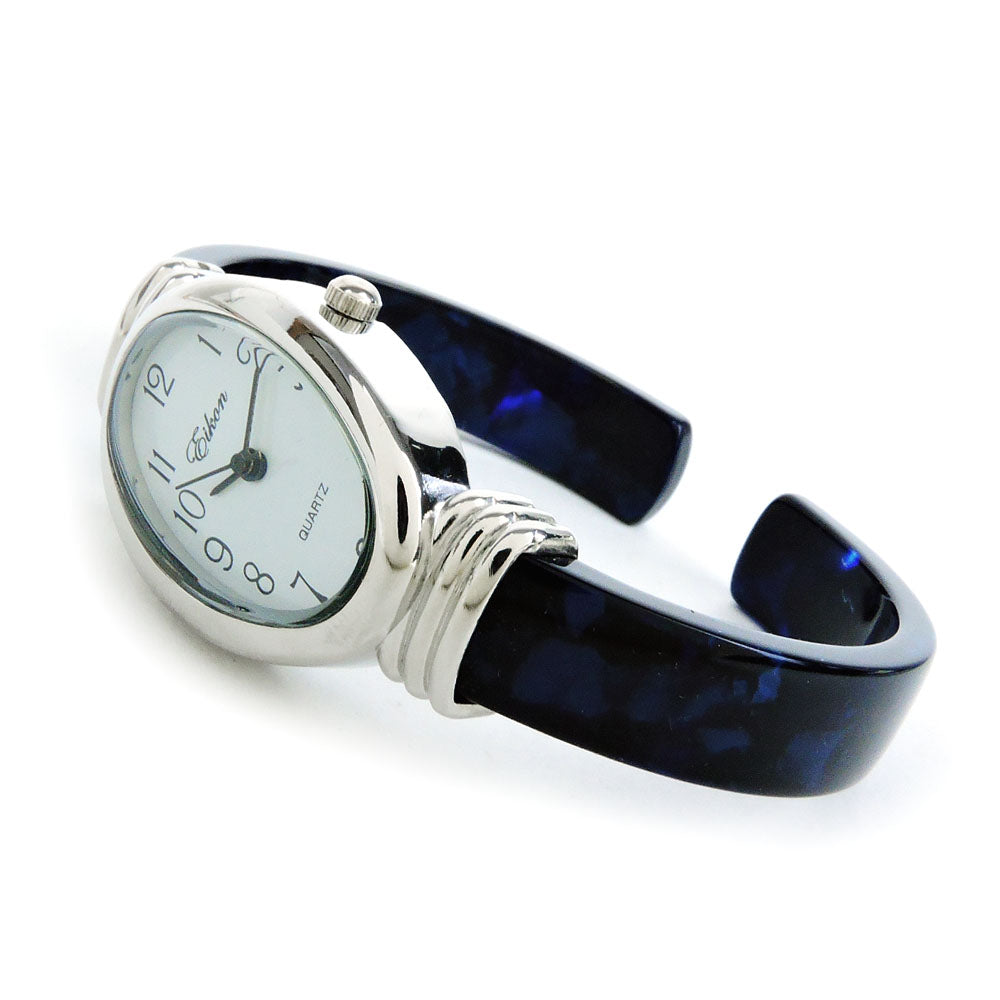 Blue Acrylic Band with Silver Oval Case Women's Bangle Cuff WATCH