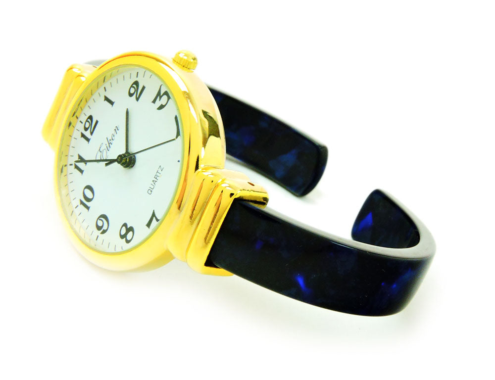 Blue Gold Acrylic Band Slim Case Women's Bangle Cuff Watch