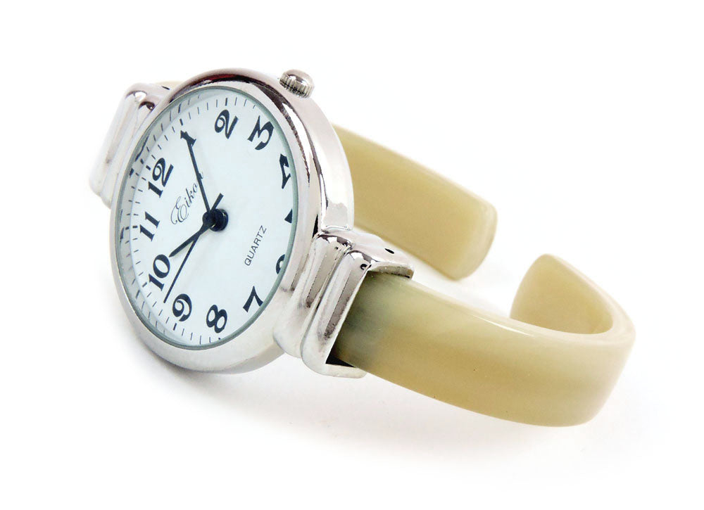 Horn Silver Ivory Acrylic Band Silver Round Face Women's Bangle Cuff Watch