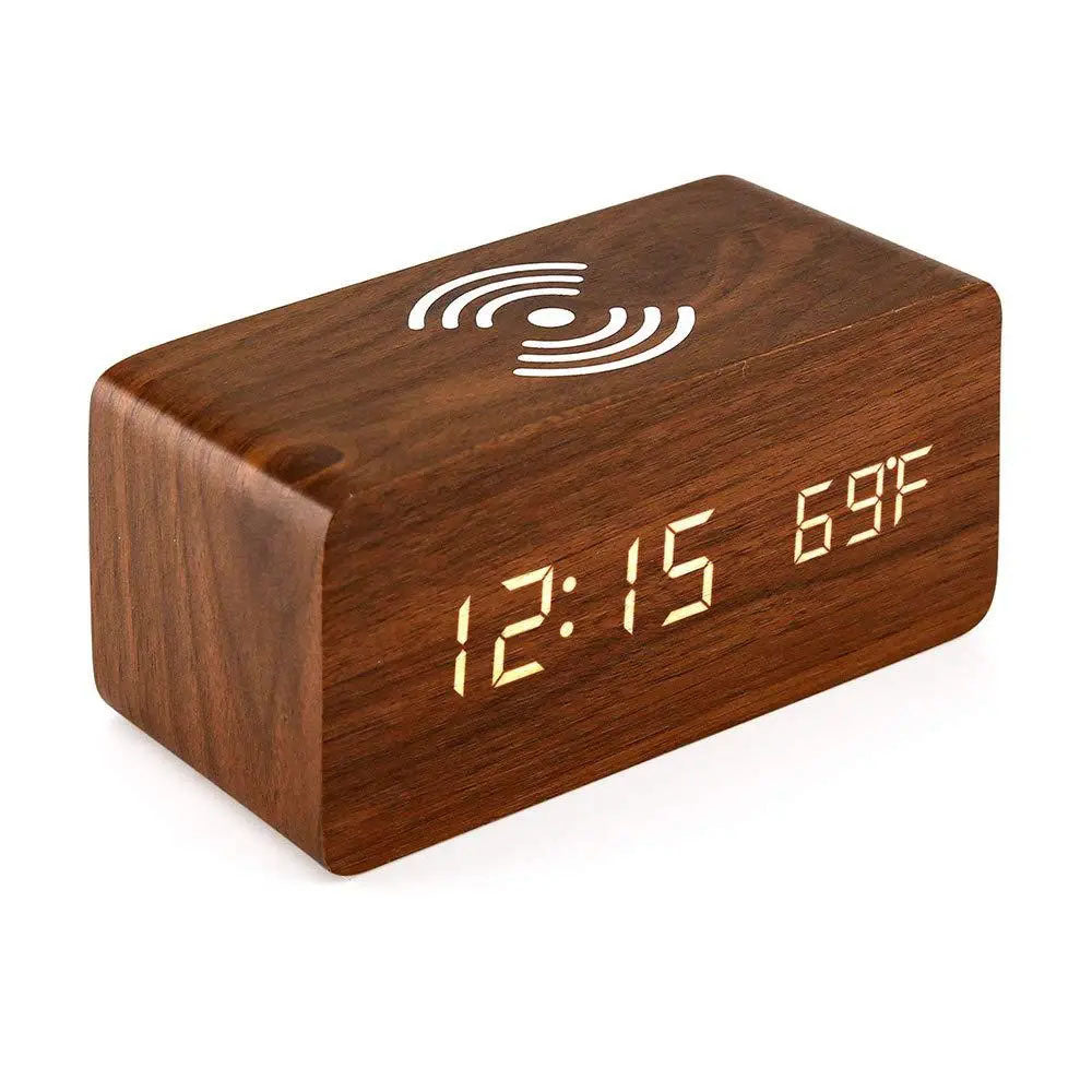 Wooden Led Clock Wireless Charging, Bedside Clock with Time & Temperature Display, 3 Brightness Levels for your Bedroom