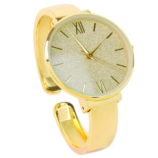 Gold Round Face Glittered Dial Fashion Women's Bangle Cuff Watch