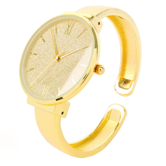 Gold Round Face Glittered Dial Fashion Women's Bangle Cuff Watch