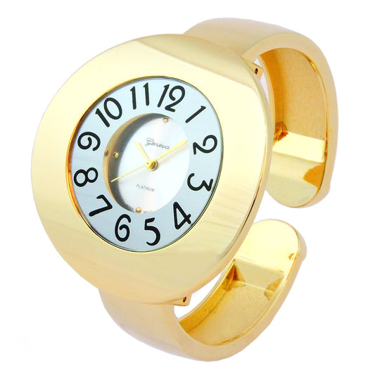 Gold Metal Band 44 mm Large Ring Case Women's Bangle Cuff Watch