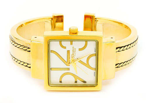 Gold Square Dial with Oversized Hours, Stitch Style Bangle Cuff Watch for Women