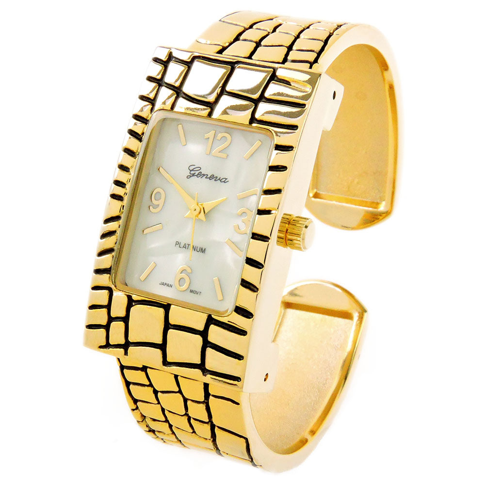Gold Croc Style Band Rectangle Bangle Cuff Watch for Women