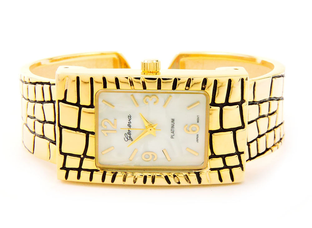 Gold Croc Style Band Rectangle Bangle Cuff Watch for Women
