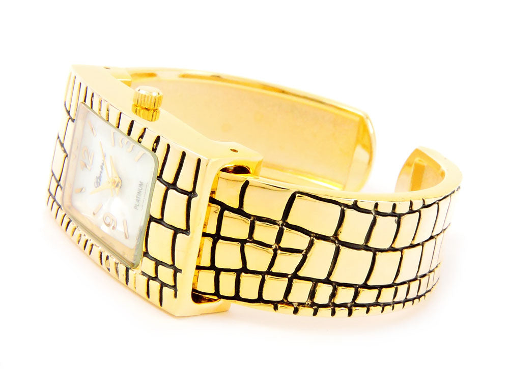 Gold Croc Style Band Rectangle Bangle Cuff Watch for Women