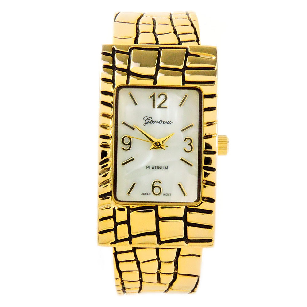 Gold Croc Style Band Rectangle Bangle Cuff Watch for Women