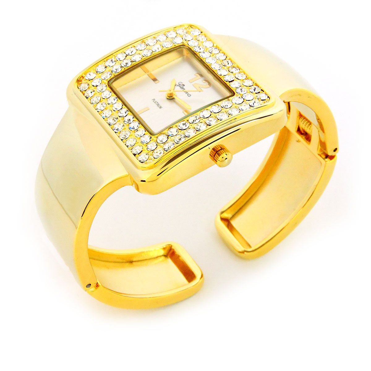Gold Tone Crystal Bezel Luxury Bangle Cuff Watches for Women