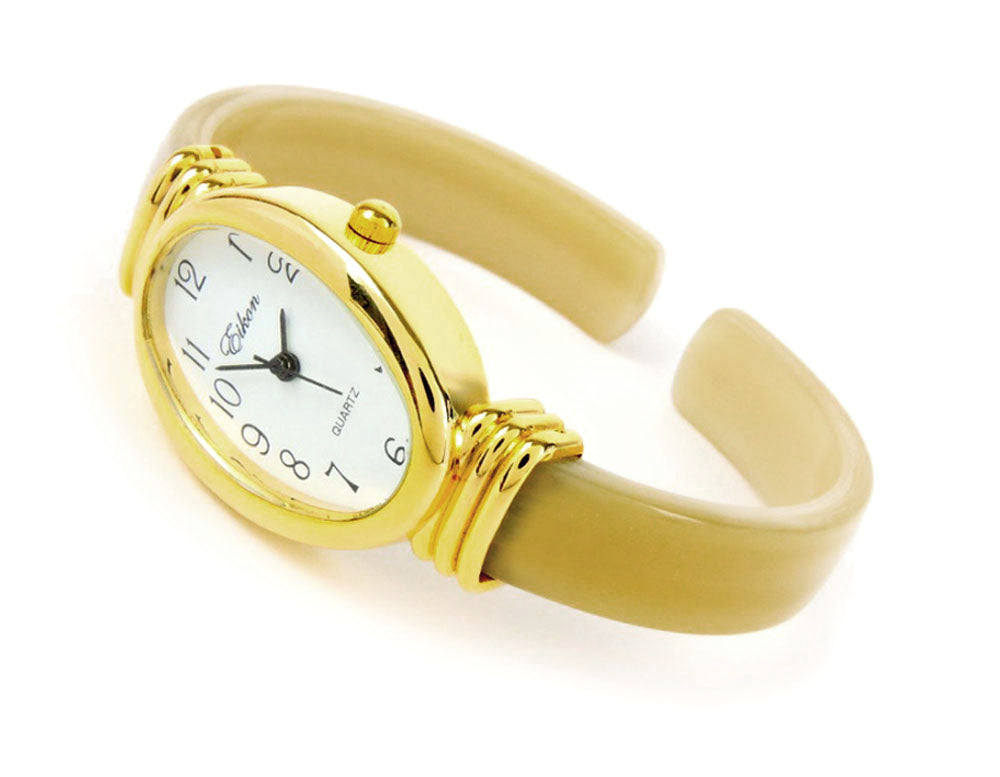 Horn Gold Acrylic Band Oval Face Women's Eikon Bangle Cuff WATCH