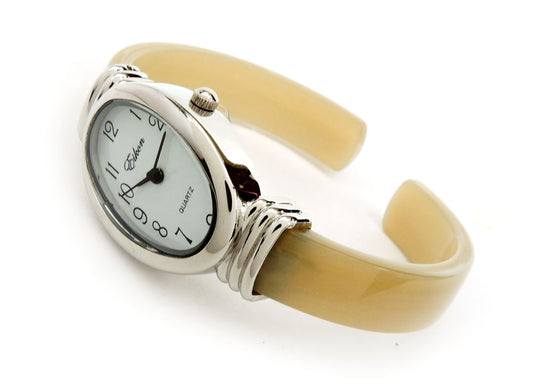 Horn Silver Ivory Acrylic Band Silver Oval Face Women's Bangle Cuff Watch