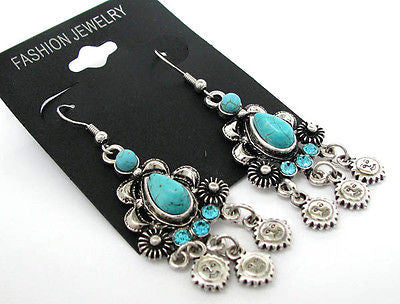 Turquoise Silver Black Vintage Style Chandelier Dangle Earrings