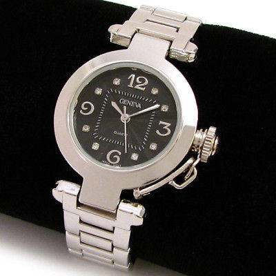 Silver Black Crystal Cabochon Crown Cover Geneva Bracelet Women's Watch