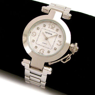 Silver Crystal Cabochon Crown Cover Geneva Women's Bracelet Quartz Watch