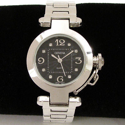 Silver Black Crystal Cabochon Crown Cover Geneva Bracelet Women's Watch