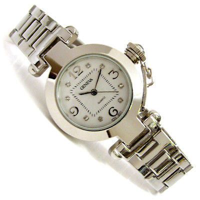 Silver Crystal Cabochon Crown Cover Geneva Women's Bracelet Quartz Watch