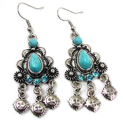 Turquoise Silver Black Vintage Style Chandelier Dangle Earrings