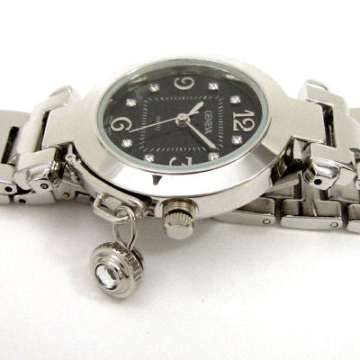 Silver Black Crystal Cabochon Crown Cover Geneva Bracelet Women's Watch
