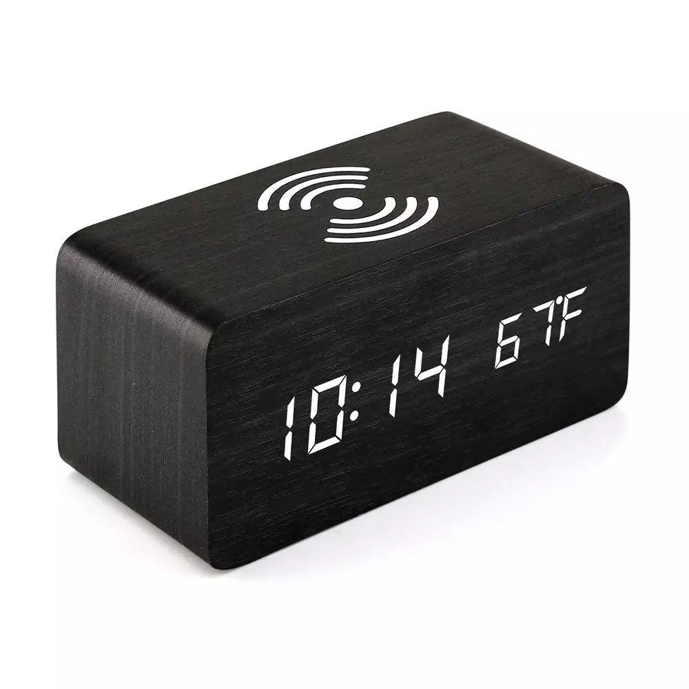 Wooden Led Clock Wireless Charging, Bedside Clock with Time & Temperature Display, 3 Brightness Levels for your Bedroom