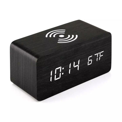 Wooden Led Clock Wireless Charging, Bedside Clock with Time & Temperature Display, 3 Brightness Levels for your Bedroom