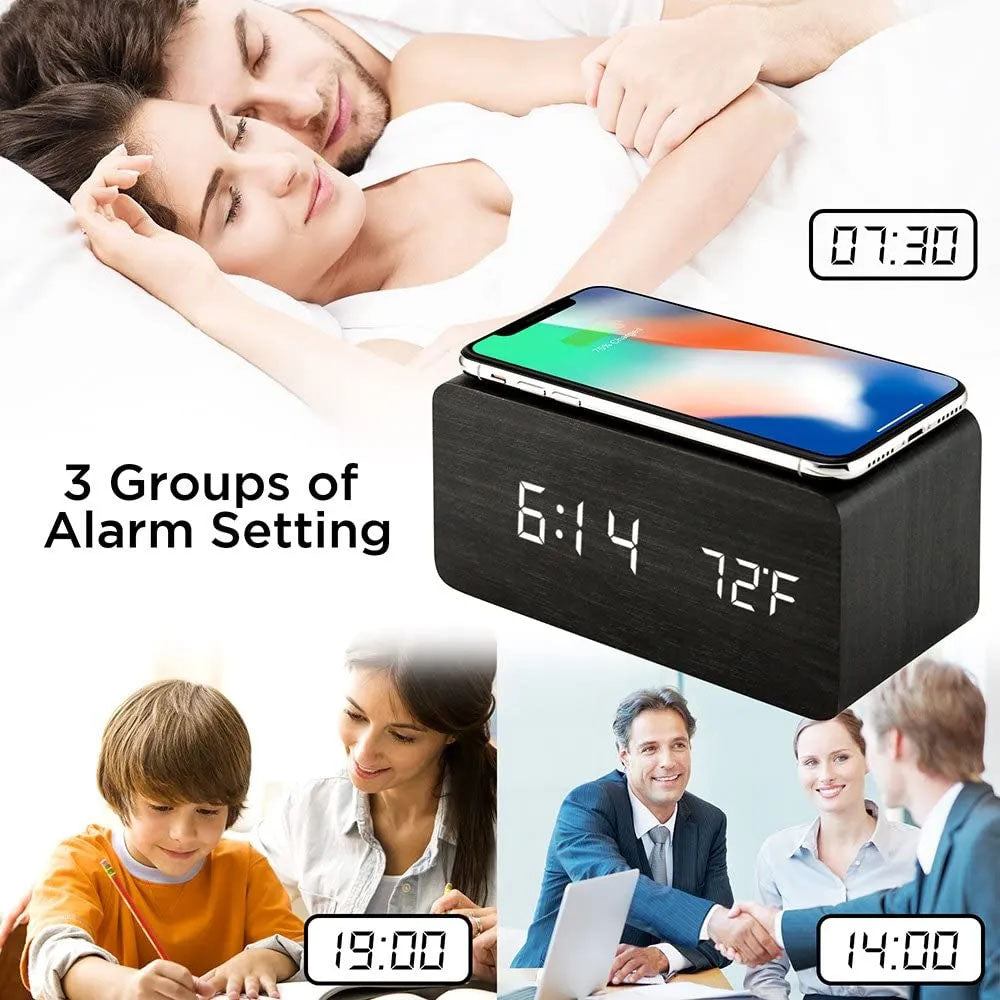 Wooden Led Clock Wireless Charging, Bedside Clock with Time & Temperature Display, 3 Brightness Levels for your Bedroom