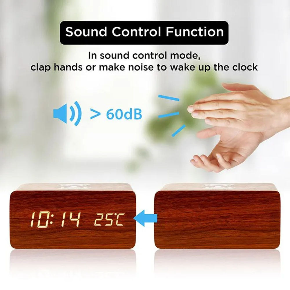 Wooden Led Clock Wireless Charging, Bedside Clock with Time & Temperature Display, 3 Brightness Levels for your Bedroom