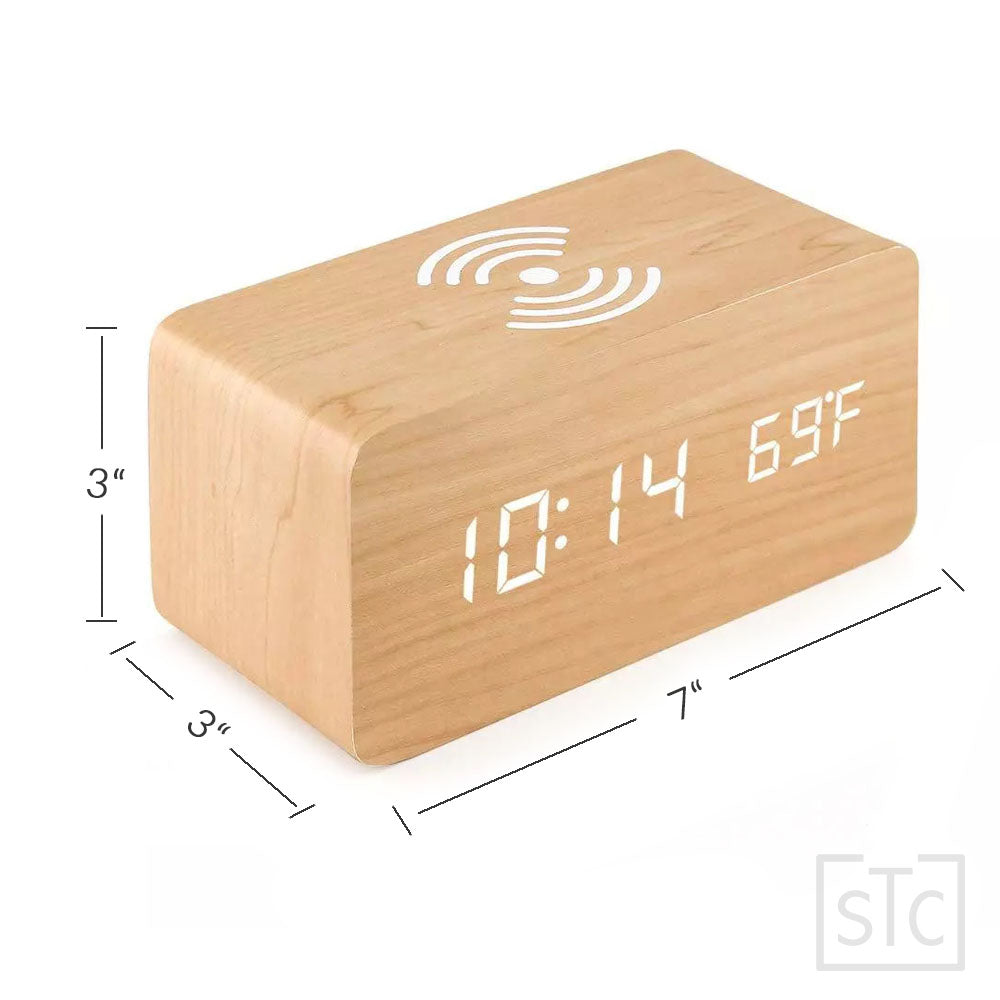 Wooden Led Clock Wireless Charging, Bedside Clock with Time & Temperature Display, 3 Brightness Levels for your Bedroom