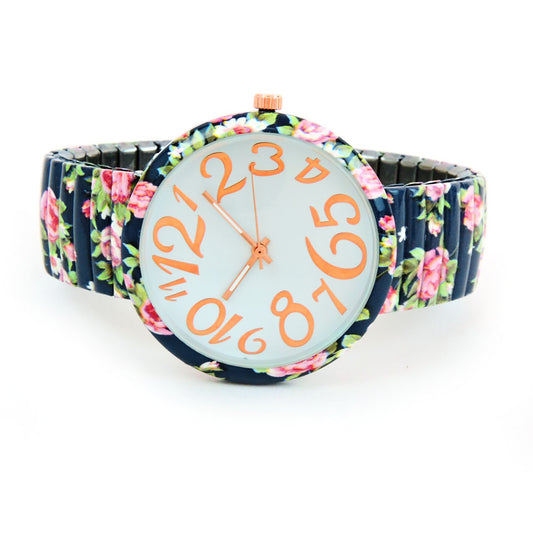 Navy Blue Roses Floral Print Large Face Easy to Read Stretch Band Extension Women's Watch