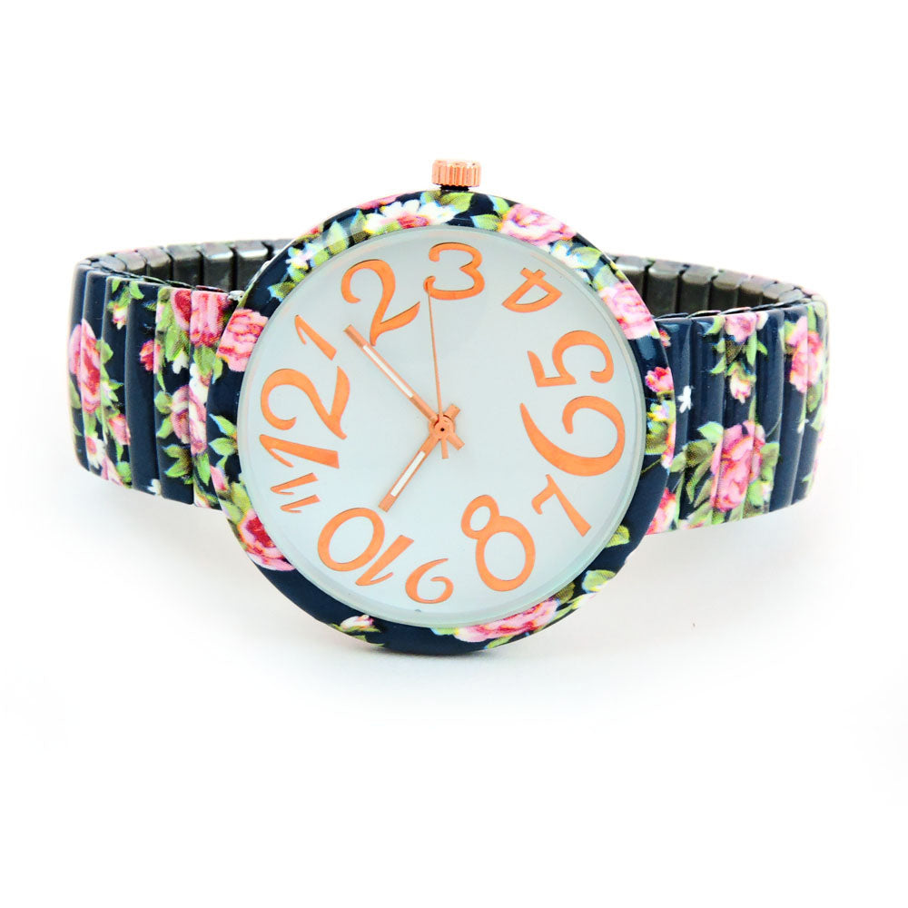 Face Band Watch Stretch Large Roses Navy ShowTime – Blue Read to Easy Floral Collection Print