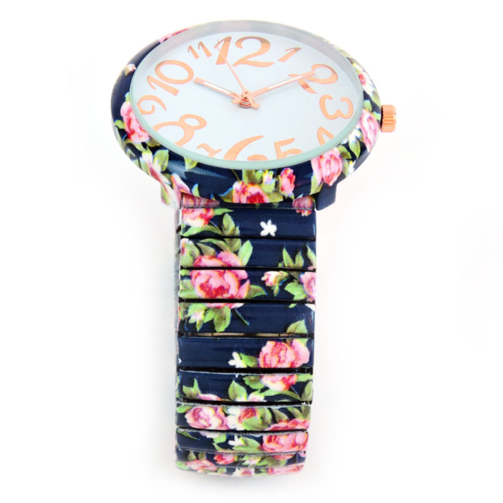 Navy Blue Roses Floral Print Large Face Easy to Read Stretch Band Extension Women's Watch