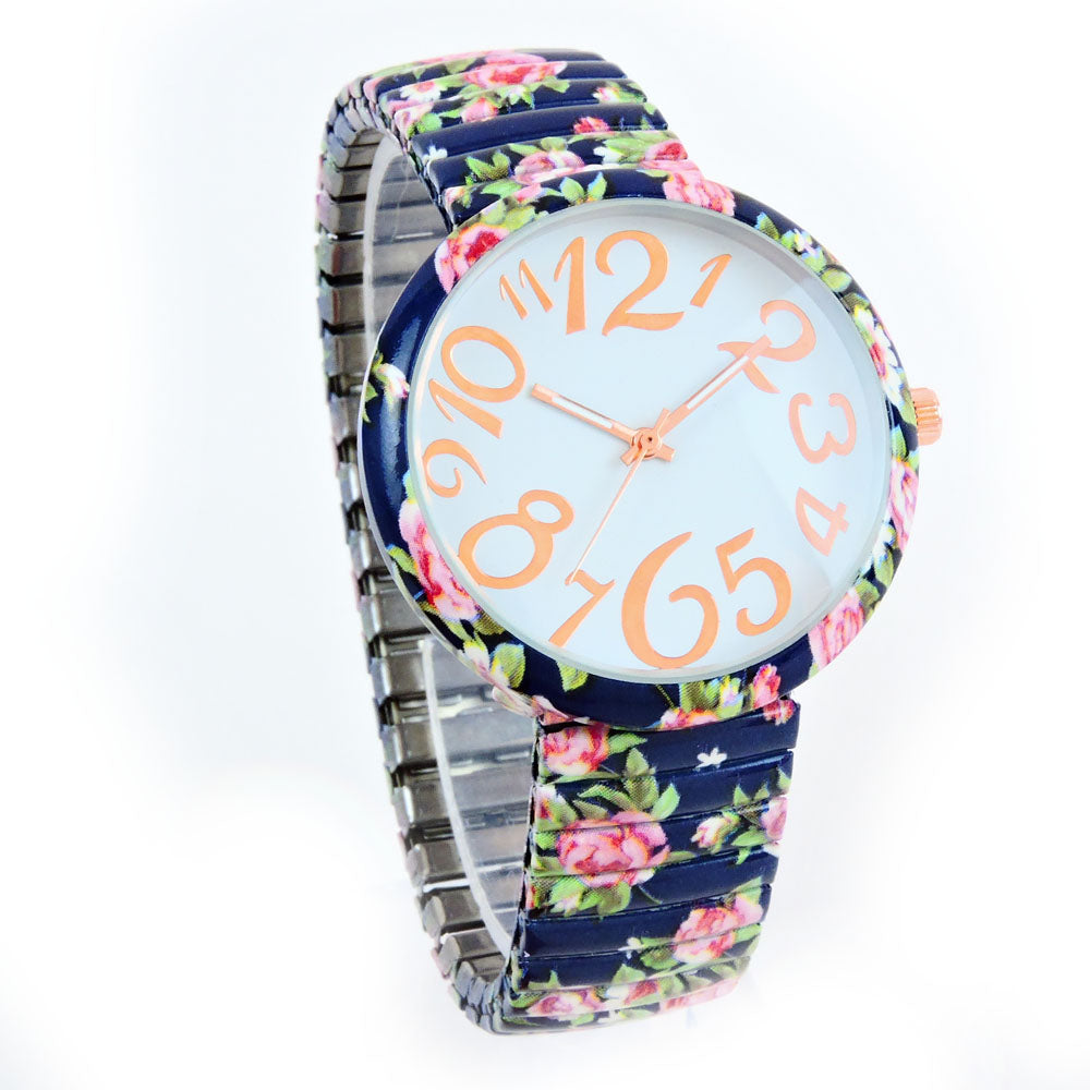 Navy Blue Roses Floral Print Large Face Easy to Read Stretch Band Extension Women's Watch