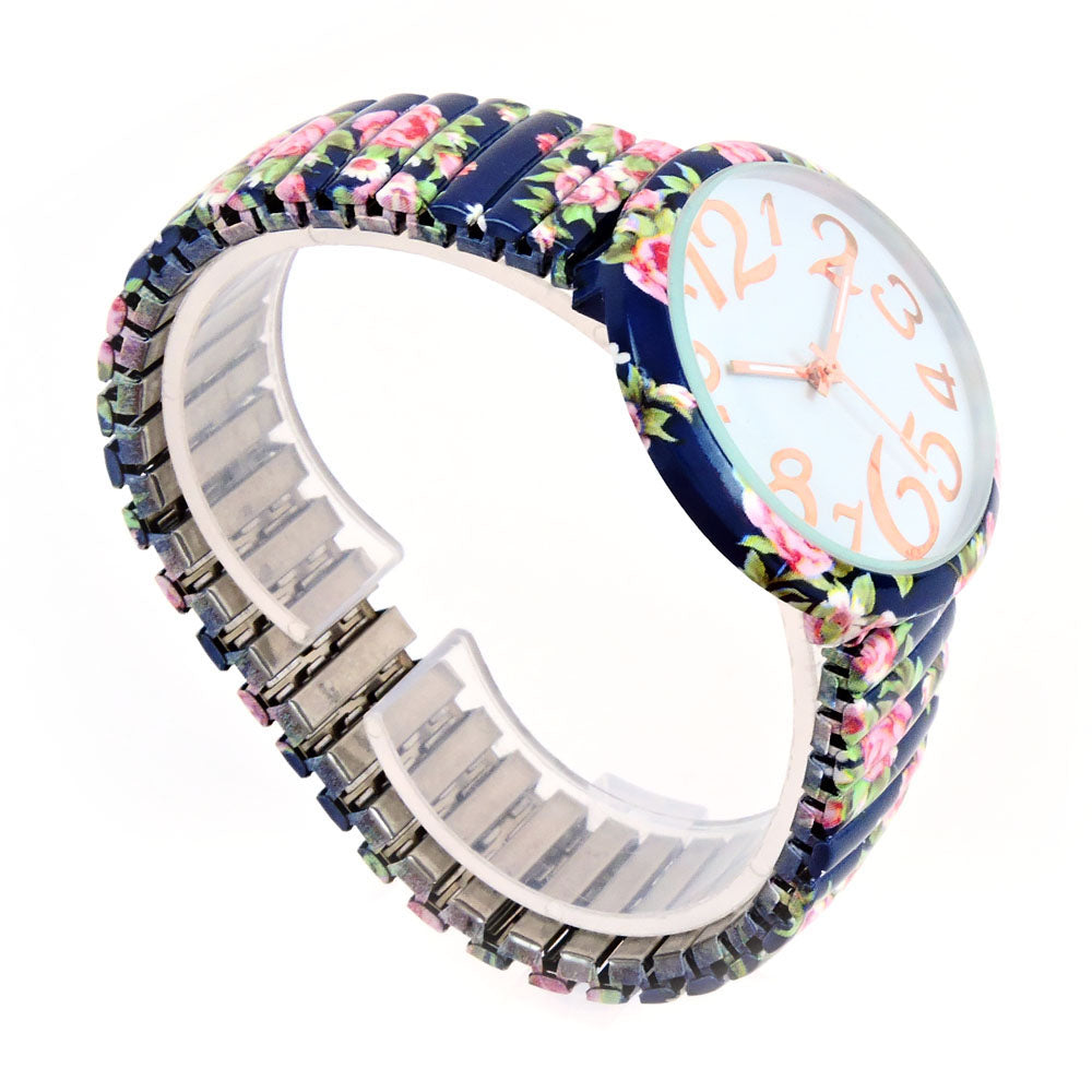 Navy Blue Roses Floral Print Large Face Easy to Read Stretch Band Extension Women's Watch