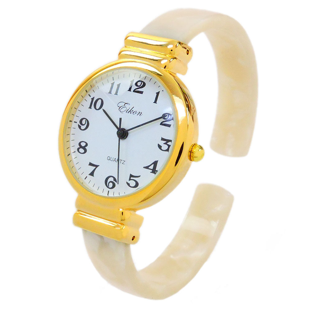 White Gold Acrylic Band Round Face Women's Bangle Cuff Watch