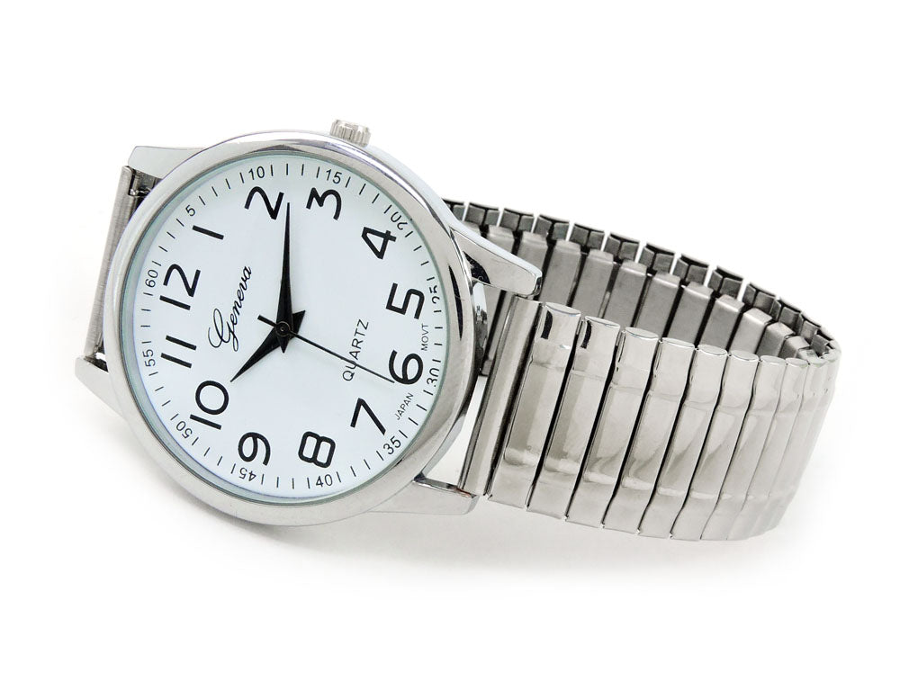 Silver Large Face Easy to Read Stretch Band Watch