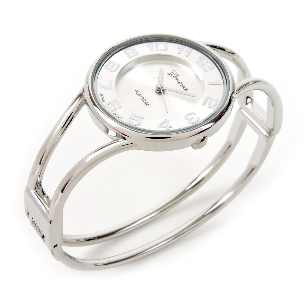 Silver Round Face Metal Double Band Fashion Women's Bangle Cuff Watch