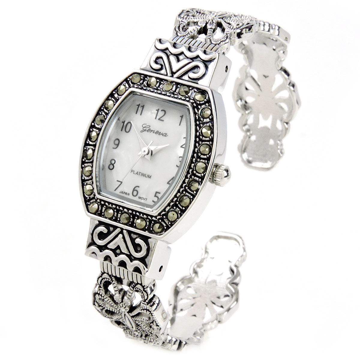 Silver Black Vintage Style Marcasite Rectangle Face Bangle Cuff Watch for Women