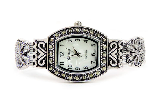 Silver Black Vintage Style Marcasite Rectangle Face Bangle Cuff Watch for Women