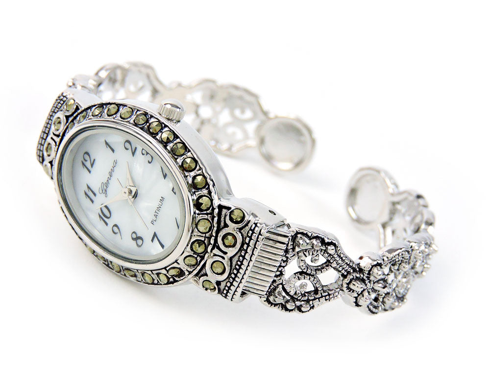 Silver Black Vintage Style Marcasite Crystal Oval Face Women's Bangle Cuff Watch