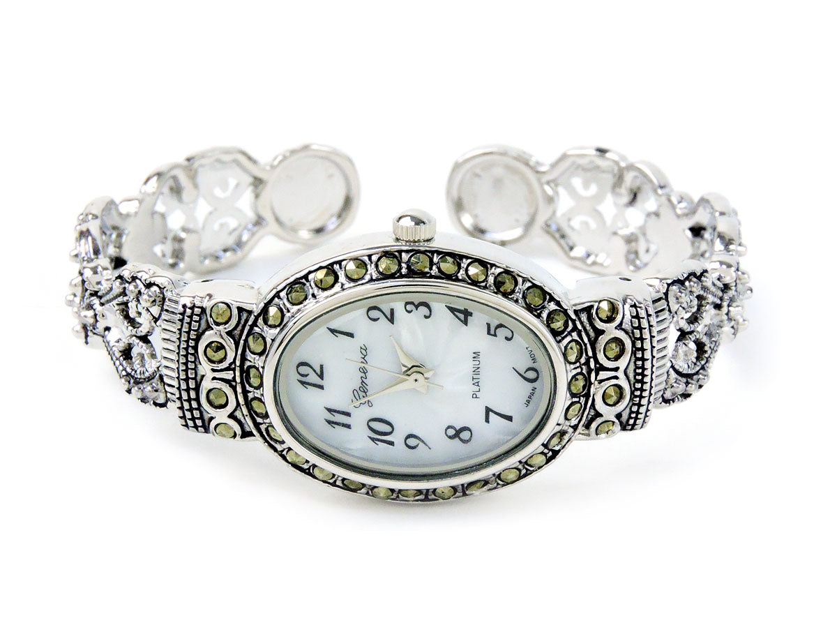 Silver Black Vintage Style Marcasite Crystal Oval Face Women's Bangle Cuff Watch