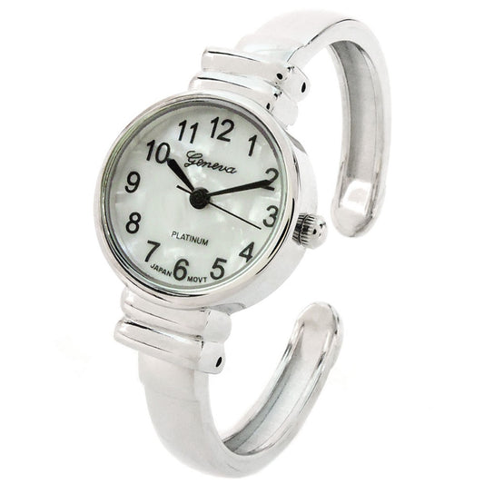 White Silver Metal Band Small Size Bangle Cuff Watch for Women