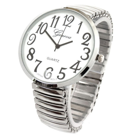 Silver Super Size Round Face Easy to Read Stretch Band Watch