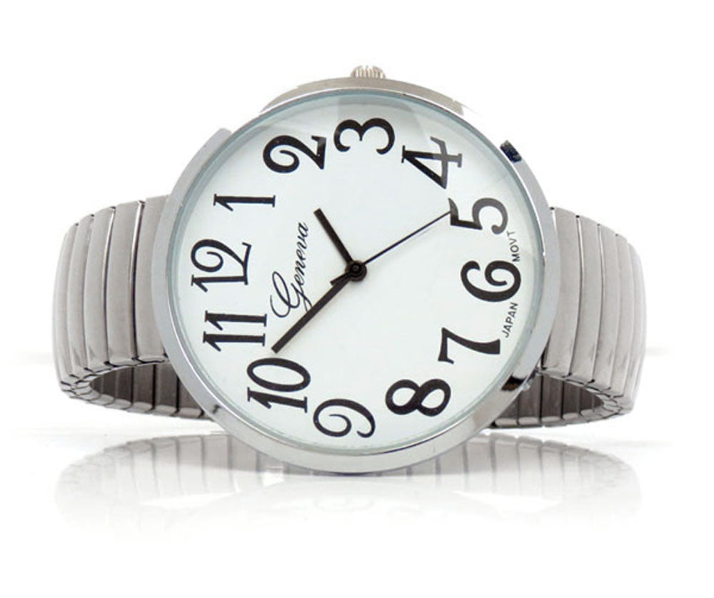 Silver Super Size Round Face Easy to Read Stretch Band Watch