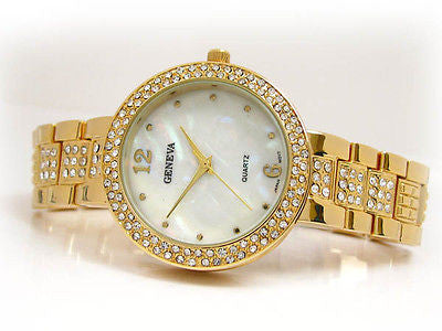 Gold Geneva Bold Case Rhinestones Bezel Bracelet Women's Quartz Watch