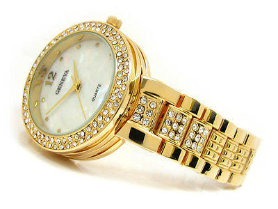 Gold Geneva Bold Case Rhinestones Bezel Bracelet Women's Quartz Watch