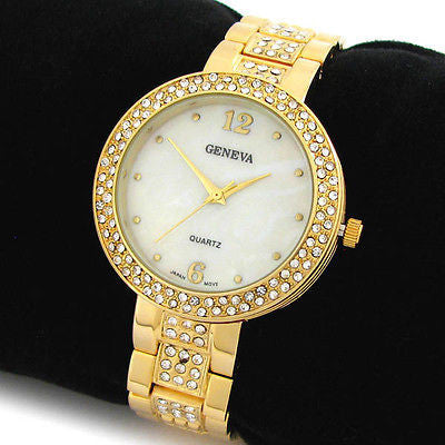 Gold Geneva Bold Case Rhinestones Bezel Bracelet Women's Quartz Watch