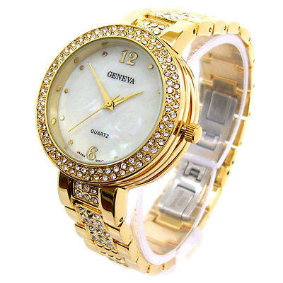 Gold Geneva Bold Case Rhinestones Bezel Bracelet Women's Quartz Watch