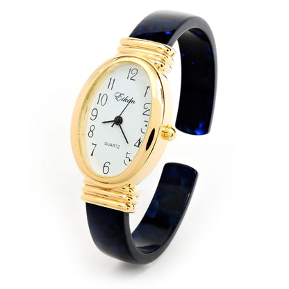 Tortoise Blue Acrylic Band with Gold Oval Case Women's Bangle Cuff WATCH